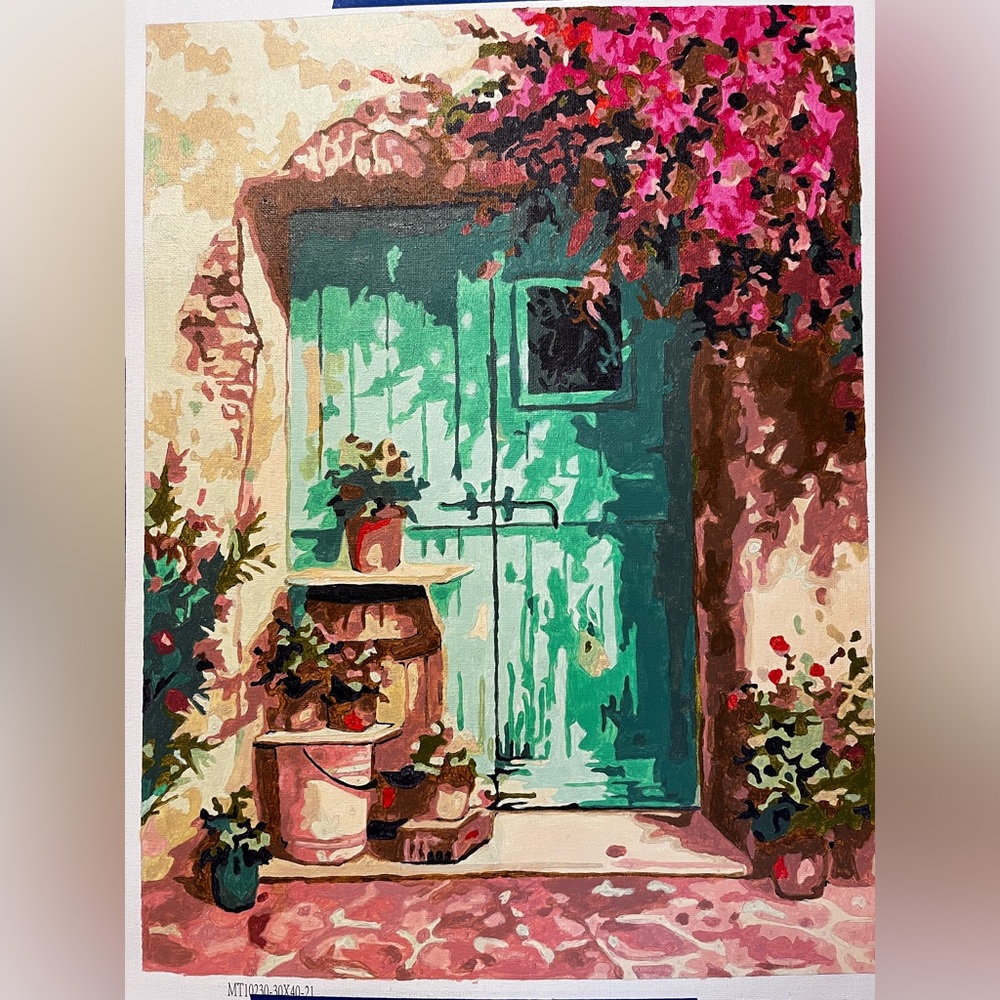 Rolled canvas finished paint by numbers. Tuscan Door with flowers. Unframed